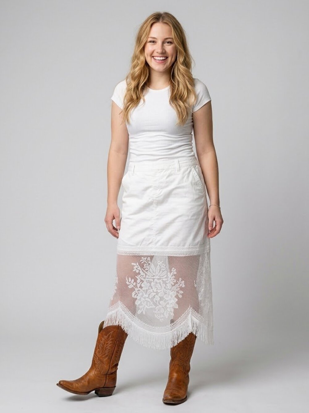 Vintage 90s White Denim Midi Skirt Skort Norwegian Lace Fringe Size 16